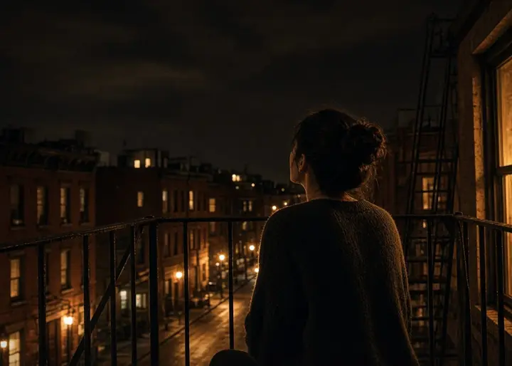 AI-made image: a woman on a fire escape at night, looking at the city