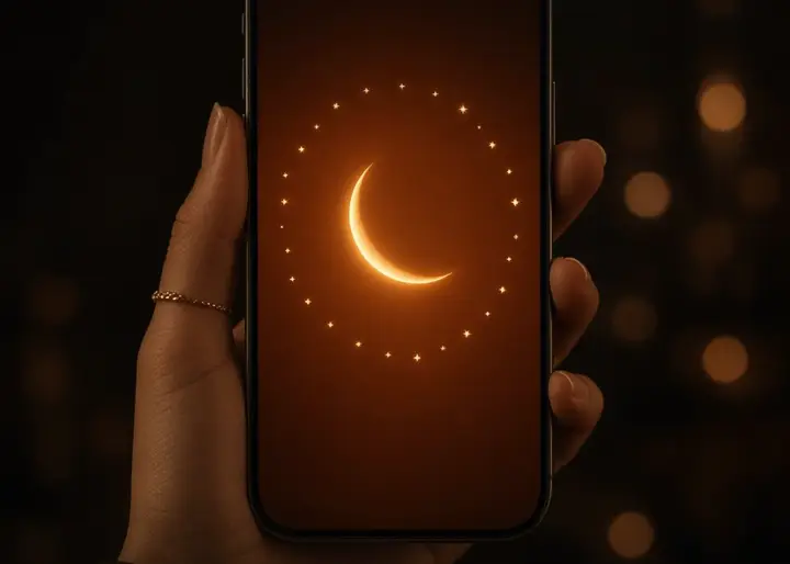 AI-made image: a hand holding a phone with a glowing crescent Moon